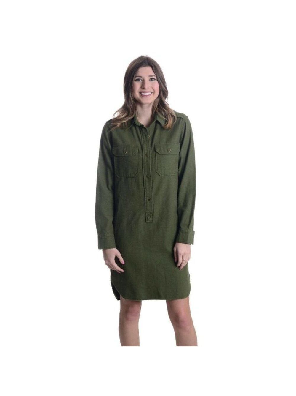 S Closed Army Green Soft Knee Length Shirt Dress